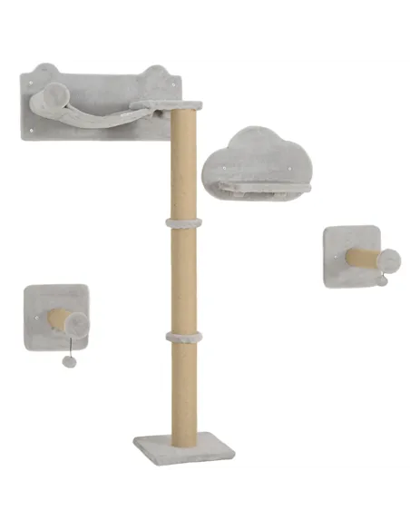 PawHut 4-Piece Cat Shelves w/ Scratching Post, Steps, Jumping Platform, Ladder, Toy Balls, for Indoor Cats, Light Grey
