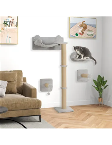 PawHut 4-Piece Cat Shelves w/ Scratching Post, Steps, Jumping Platform, Ladder, Toy Balls, for Indoor Cats, Light Grey