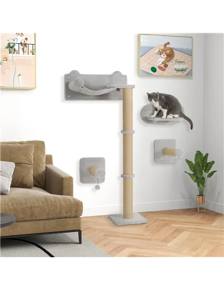 PawHut 4-Piece Cat Shelves w/ Scratching Post, Steps, Jumping Platform, Ladder, Toy Balls, for Indoor Cats, Light Grey