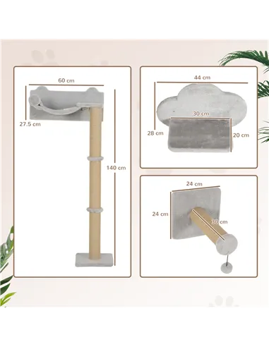 PawHut 4-Piece Cat Shelves w/ Scratching Post, Steps, Jumping Platform, Ladder, Toy Balls, for Indoor Cats, Light Grey