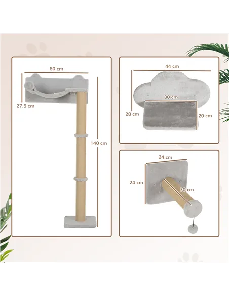 PawHut 4-Piece Cat Shelves w/ Scratching Post, Steps, Jumping Platform, Ladder, Toy Balls, for Indoor Cats, Light Grey