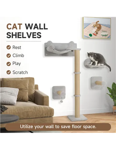 PawHut 4-Piece Cat Shelves w/ Scratching Post, Steps, Jumping Platform, Ladder, Toy Balls, for Indoor Cats, Light Grey