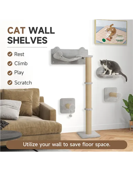 PawHut 4-Piece Cat Shelves w/ Scratching Post, Steps, Jumping Platform, Ladder, Toy Balls, for Indoor Cats, Light Grey