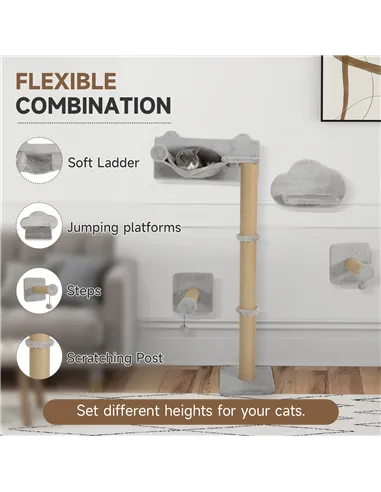 PawHut 4-Piece Cat Shelves w/ Scratching Post, Steps, Jumping Platform, Ladder, Toy Balls, for Indoor Cats, Light Grey