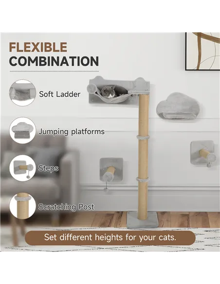 PawHut 4-Piece Cat Shelves w/ Scratching Post, Steps, Jumping Platform, Ladder, Toy Balls, for Indoor Cats, Light Grey