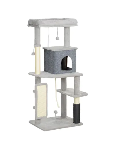 PawHut 132cm Cat Tree w/ Scratching Posts, Pad, Cat Bed, Cat House, Jumping Platform, Grooming Brush, Anti-Tip Kit, Light Grey
