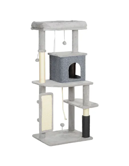 PawHut 132cm Cat Tree w/ Scratching Posts, Pad, Cat Bed, Cat House, Jumping Platform, Grooming Brush, Anti-Tip Kit, Light Grey