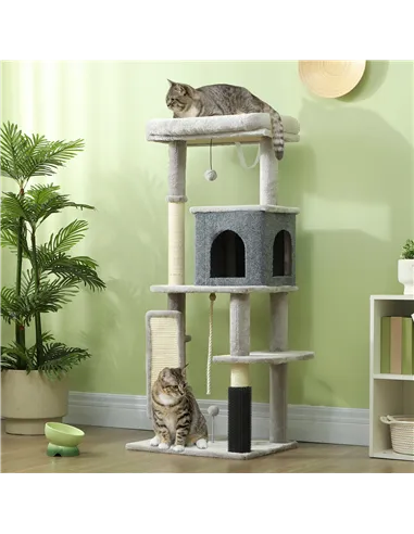 PawHut 132cm Cat Tree w/ Scratching Posts, Pad, Cat Bed, Cat House, Jumping Platform, Grooming Brush, Anti-Tip Kit, Light Grey