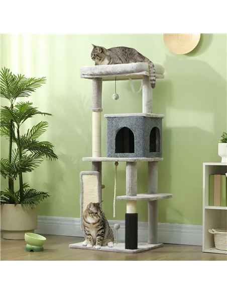 PawHut 132cm Cat Tree w/ Scratching Posts, Pad, Cat Bed, Cat House, Jumping Platform, Grooming Brush, Anti-Tip Kit, Light Grey