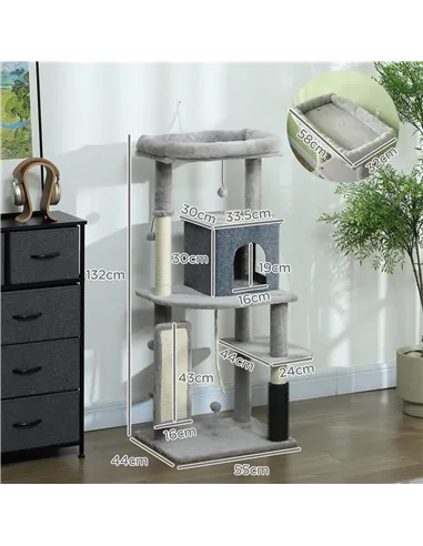 PawHut 132cm Cat Tree w/ Scratching Posts, Pad, Cat Bed, Cat House, Jumping Platform, Grooming Brush, Anti-Tip Kit, Light Grey