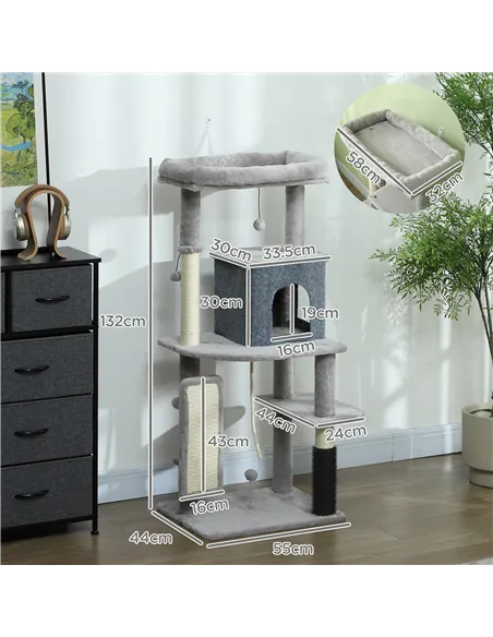 PawHut 132cm Cat Tree w/ Scratching Posts, Pad, Cat Bed, Cat House, Jumping Platform, Grooming Brush, Anti-Tip Kit, Light Grey