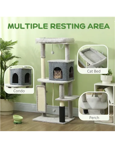 PawHut 132cm Cat Tree w/ Scratching Posts, Pad, Cat Bed, Cat House, Jumping Platform, Grooming Brush, Anti-Tip Kit, Light Grey
