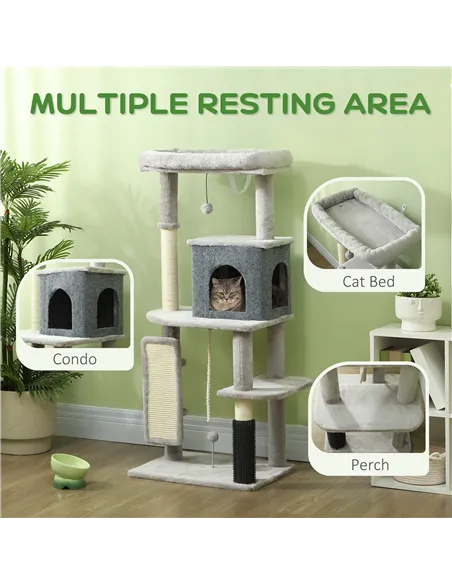 PawHut 132cm Cat Tree w/ Scratching Posts, Pad, Cat Bed, Cat House, Jumping Platform, Grooming Brush, Anti-Tip Kit, Light Grey