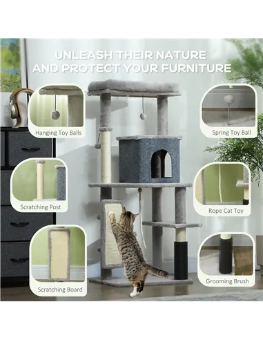 PawHut 132cm Cat Tree w/ Scratching Posts, Pad, Cat Bed, Cat House, Jumping Platform, Grooming Brush, Anti-Tip Kit, Light Grey