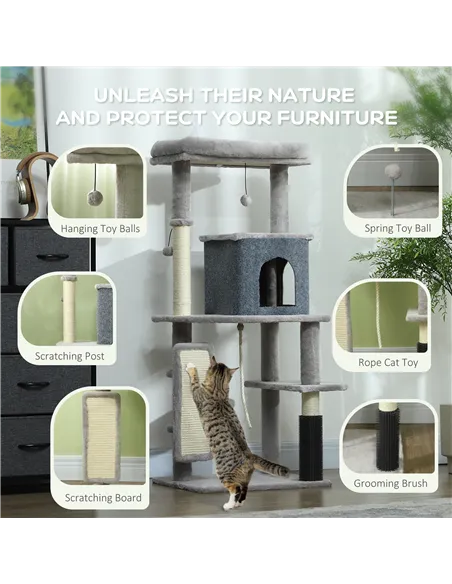 PawHut 132cm Cat Tree w/ Scratching Posts, Pad, Cat Bed, Cat House, Jumping Platform, Grooming Brush, Anti-Tip Kit, Light Grey