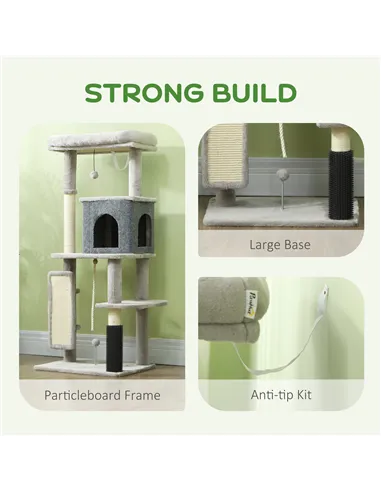 PawHut 132cm Cat Tree w/ Scratching Posts, Pad, Cat Bed, Cat House, Jumping Platform, Grooming Brush, Anti-Tip Kit, Light Grey