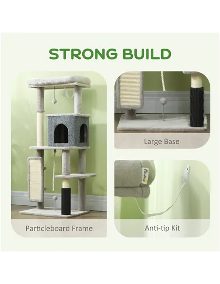 PawHut 132cm Cat Tree w/ Scratching Posts, Pad, Cat Bed, Cat House, Jumping Platform, Grooming Brush, Anti-Tip Kit, Light Grey