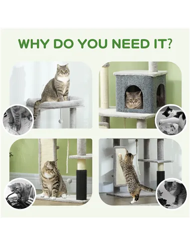 PawHut 132cm Cat Tree w/ Scratching Posts, Pad, Cat Bed, Cat House, Jumping Platform, Grooming Brush, Anti-Tip Kit, Light Grey