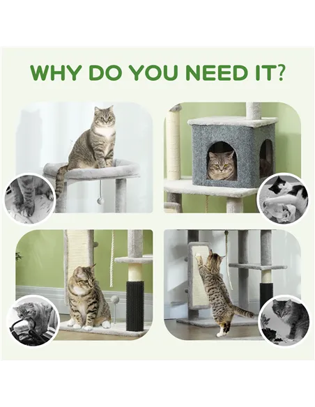 PawHut 132cm Cat Tree w/ Scratching Posts, Pad, Cat Bed, Cat House, Jumping Platform, Grooming Brush, Anti-Tip Kit, Light Grey