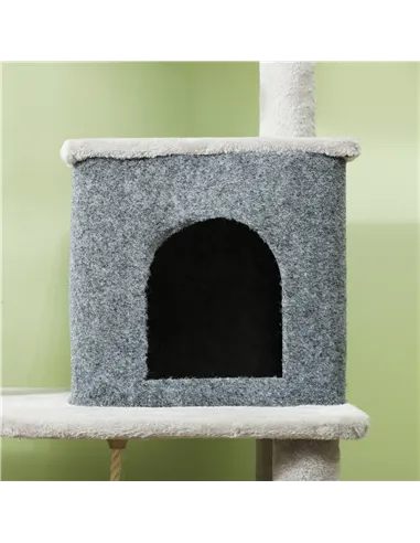 PawHut 132cm Cat Tree w/ Scratching Posts, Pad, Cat Bed, Cat House, Jumping Platform, Grooming Brush, Anti-Tip Kit, Light Grey