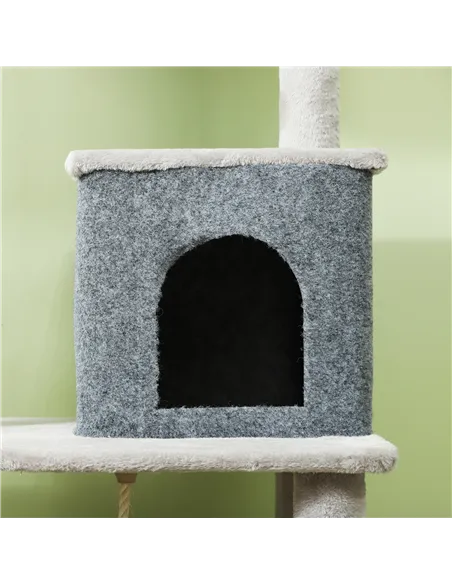 PawHut 132cm Cat Tree w/ Scratching Posts, Pad, Cat Bed, Cat House, Jumping Platform, Grooming Brush, Anti-Tip Kit, Light Grey