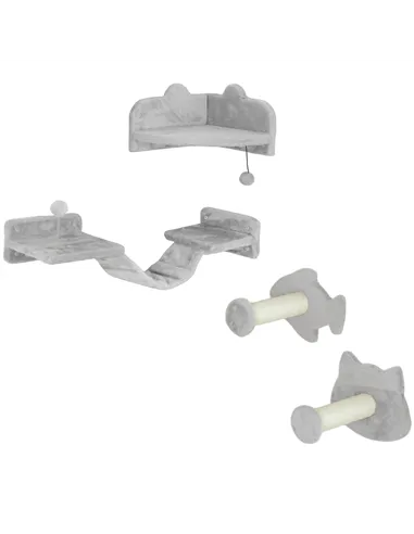 PawHut 4-Piece Cat Wall Shelves with Steps, Ladder, Jumping Platforms, Light Grey