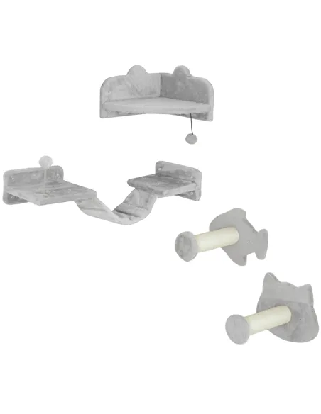 PawHut 4-Piece Cat Wall Shelves with Steps, Ladder, Jumping Platforms, Light Grey
