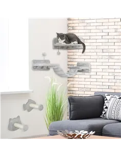 PawHut 4-Piece Cat Wall Shelves with Steps, Ladder, Jumping Platforms, Light Grey 2