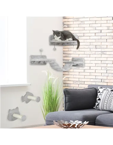 PawHut 4-Piece Cat Wall Shelves with Steps, Ladder, Jumping Platforms, Light Grey