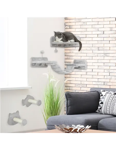 PawHut 4-Piece Cat Wall Shelves with Steps, Ladder, Jumping Platforms, Light Grey