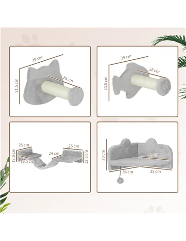 PawHut 4-Piece Cat Wall Shelves with Steps, Ladder, Jumping Platforms, Light Grey