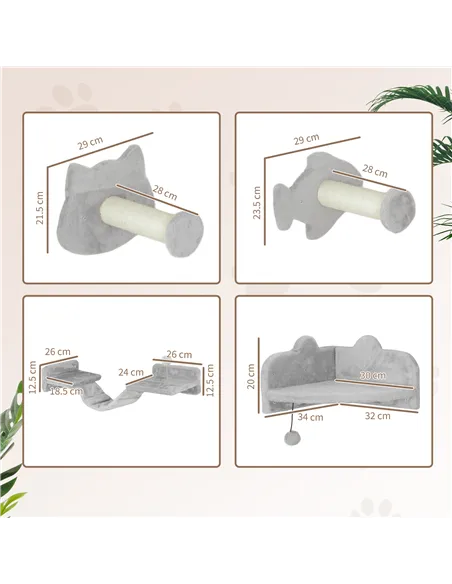 PawHut 4-Piece Cat Wall Shelves with Steps, Ladder, Jumping Platforms, Light Grey