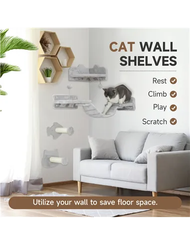 PawHut 4-Piece Cat Wall Shelves with Steps, Ladder, Jumping Platforms, Light Grey