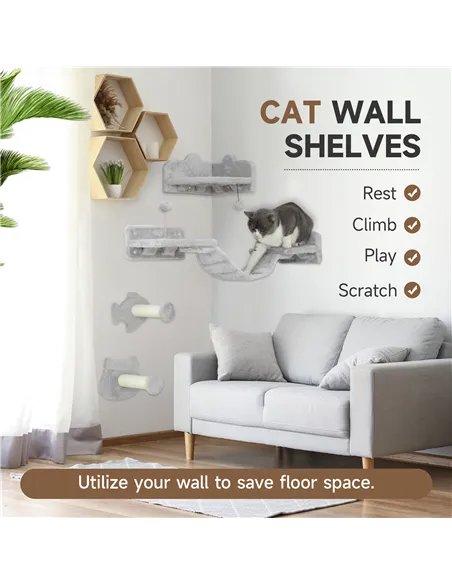PawHut 4-Piece Cat Wall Shelves with Steps, Ladder, Jumping Platforms, Light Grey