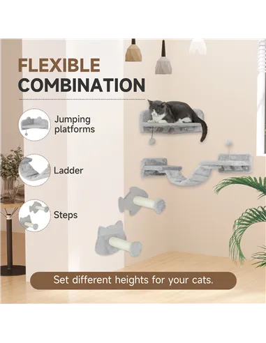 PawHut 4-Piece Cat Wall Shelves with Steps, Ladder, Jumping Platforms, Light Grey