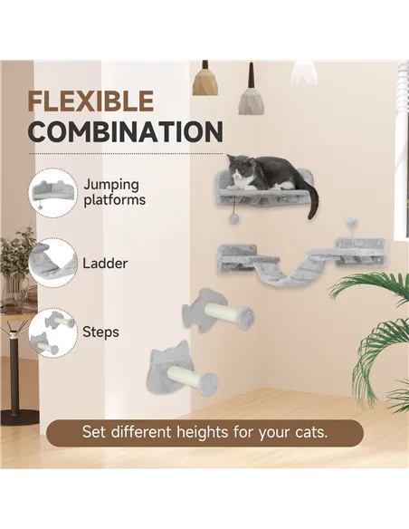 PawHut 4-Piece Cat Wall Shelves with Steps, Ladder, Jumping Platforms, Light Grey