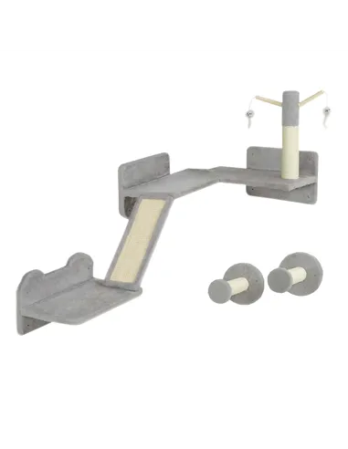 PawHut 3-Piece Cat Wall Furniture with Scratching Posts, Scratching Pads, Perches, Cat Wands, Toy Balls, Light Grey