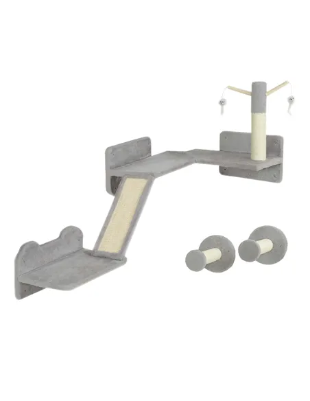 PawHut 3-Piece Cat Wall Furniture with Scratching Posts, Scratching Pads, Perches, Cat Wands, Toy Balls, Light Grey