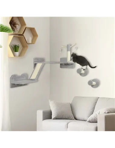 PawHut 3-Piece Cat Wall Furniture with Scratching Posts, Scratching Pads, Perches, Cat Wands, Toy Balls, Light Grey