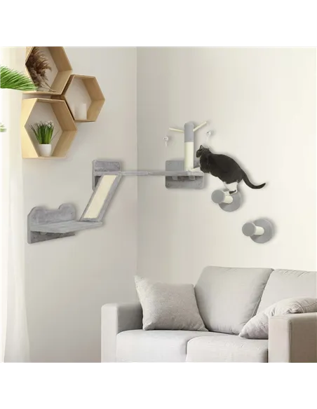 PawHut 3-Piece Cat Wall Furniture with Scratching Posts, Scratching Pads, Perches, Cat Wands, Toy Balls, Light Grey