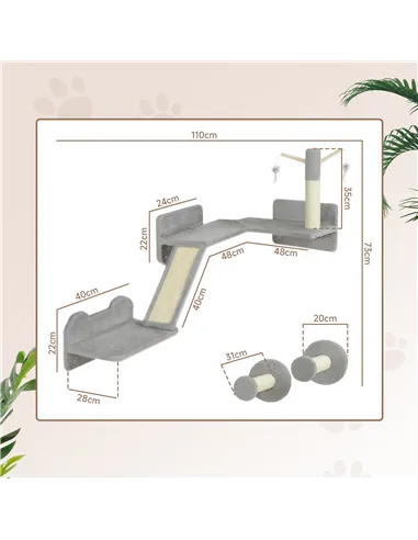 PawHut 3-Piece Cat Wall Furniture with Scratching Posts, Scratching Pads, Perches, Cat Wands, Toy Balls, Light Grey