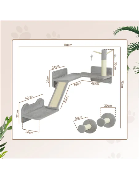 PawHut 3-Piece Cat Wall Furniture with Scratching Posts, Scratching Pads, Perches, Cat Wands, Toy Balls, Light Grey