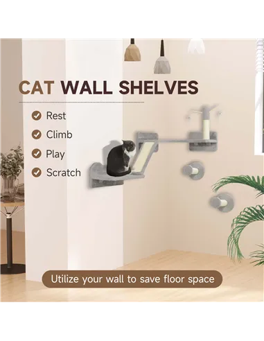 PawHut 3-Piece Cat Wall Furniture with Scratching Posts, Scratching Pads, Perches, Cat Wands, Toy Balls, Light Grey