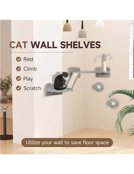 PawHut 3-Piece Cat Wall Furniture with Scratching Posts, Scratching Pads, Perches, Cat Wands, Toy Balls, Light Grey
