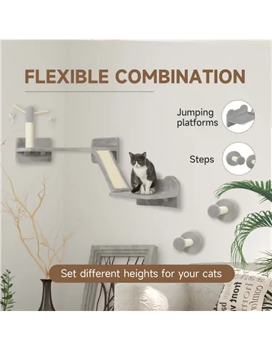PawHut 3-Piece Cat Wall Furniture with Scratching Posts, Scratching Pads, Perches, Cat Wands, Toy Balls, Light Grey