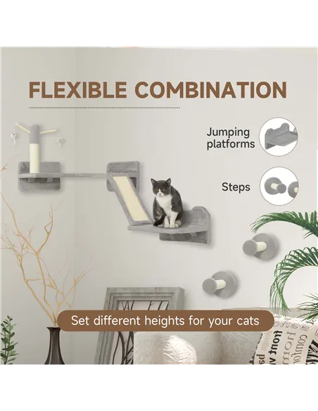 PawHut 3-Piece Cat Wall Furniture with Scratching Posts, Scratching Pads, Perches, Cat Wands, Toy Balls, Light Grey