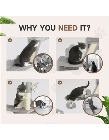 PawHut 3-Piece Cat Wall Furniture with Scratching Posts, Scratching Pads, Perches, Cat Wands, Toy Balls, Light Grey