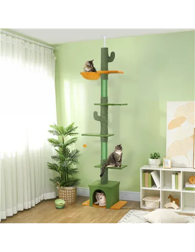 PawHut 230-275cm Floor-to-Ceiling Adjustable Cat Tree with Scratching Posts, Hammock