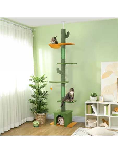 PawHut 230-275cm Floor-to-Ceiling Adjustable Cat Tree with Scratching Posts, Hammock