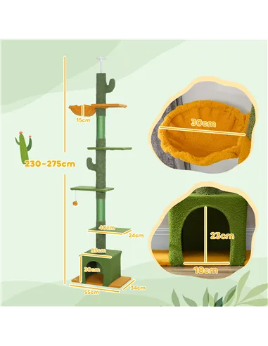 PawHut 230-275cm Floor-to-Ceiling Adjustable Cat Tree with Scratching Posts, Hammock